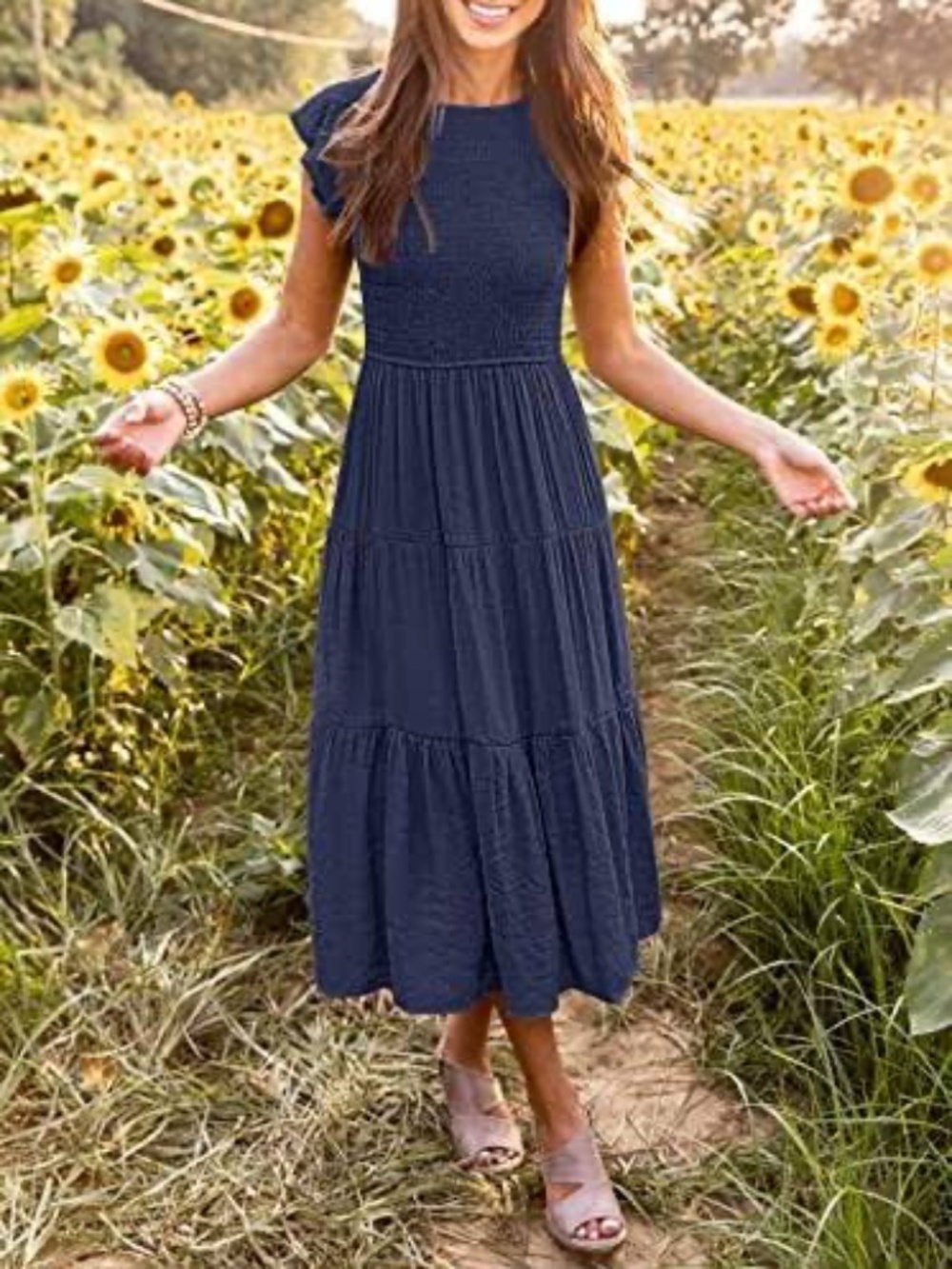 Merokeety Flutter Cap Sleeve navy dress L